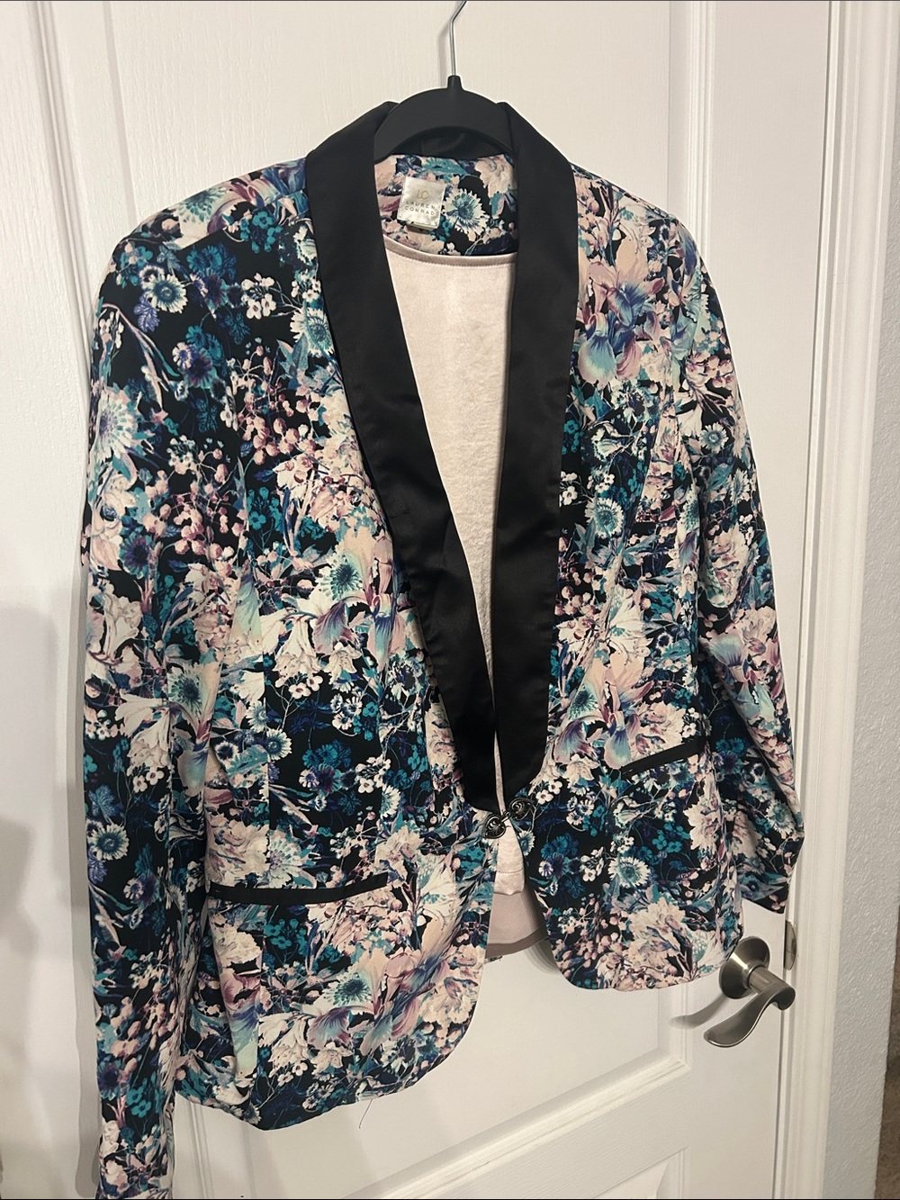 Floral Sateen-Trim Blazer Jacket - Black & Teal